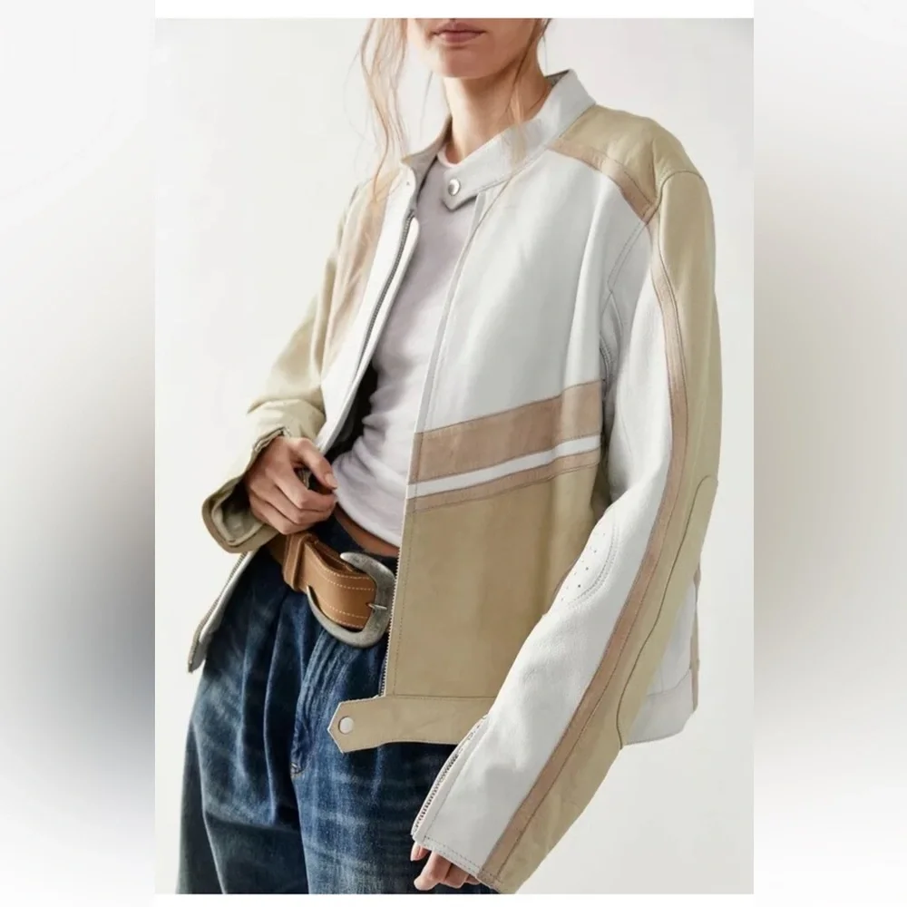 Free People Deadwood Hiro Jacket Recycled Leather Zip Cuffs Biege - Picture 6 of 8